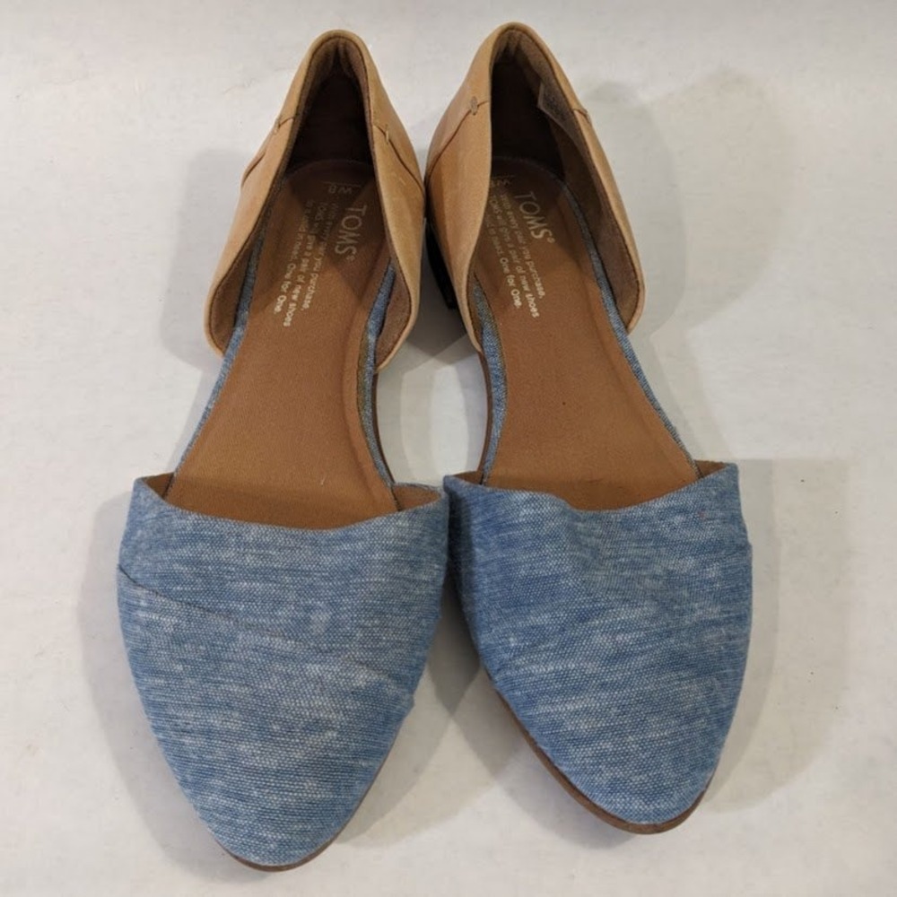 TOMS Jutti Blue Chambray Tan Leather D'Orsay Pointed Toe Flats Womens 8 10011759